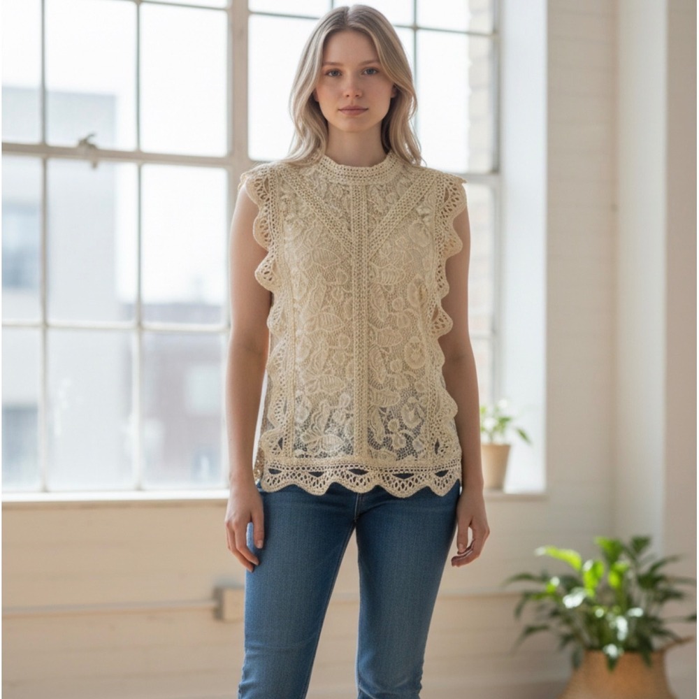 Adiva Cream Floral Lace Mock Neck Sleeveless Blouse Crochet Scalloped Top Large